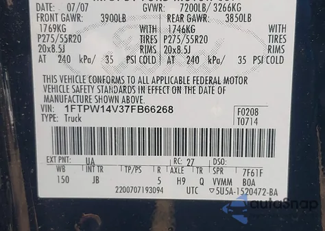 2007 Ford F-150 Fx4/Lariat/Xlt из США, поврежденный, VIN 1FTPW14V37FB66268